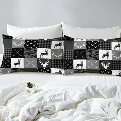Camo Deer Comforter Set King Size,Western Rustic Farmhouse Xmas Bedding Set,Kids Boys Girls Room Decor,Antlers Arrows Geometric Plaids Comforter,Black Grey Retro Duvet Insert,3pcs,2 Pillowcases