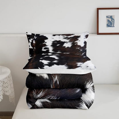 Brown Cowhide Comforter Set King,Black White Aztec Cow Print Bedding Set Western Farmhouse Animal Fur Down Comforter for Kids Boys Girls,Rustic Cowboy Quilt Duvet Set 2 Pillow Cases Bedroom Decor