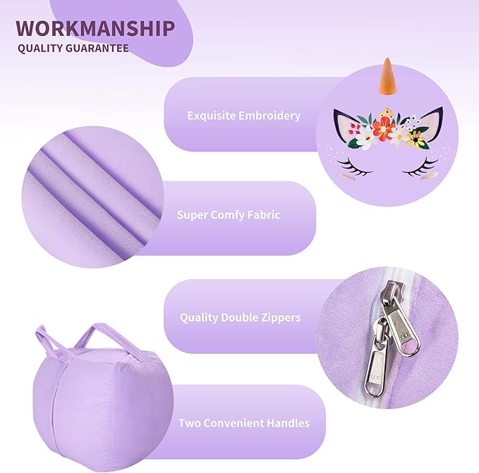 Aubliss Unicorn Stuffed Animal Storage Bean Bag Chair for Kids, Velvet Extra Soft Beanbag Chairs Cover, X-Large Stuffable Zipper Bean Bag for Organizing Plush Toys Girls Bedroom Decor, Purple Floral