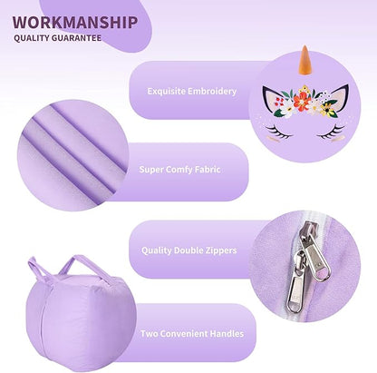 Aubliss Unicorn Stuffed Animal Storage Bean Bag Chair for Kids, Velvet Extra Soft Beanbag Chairs Cover, X-Large Stuffable Zipper Bean Bag for Organizing Plush Toys Girls Bedroom Decor, Purple Floral