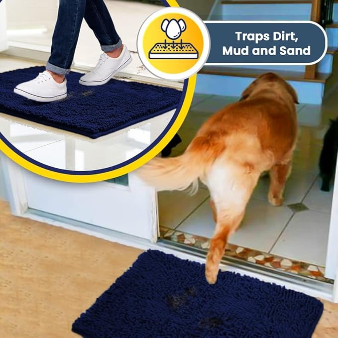 Muddy Mat® Original Dog Door Mat for Muddy Paws, Super Absorbent Microfiber, Non-Slip Washable Pet Rug, Quick Dry Chenille Entryway Carpet, Machine Washable Indoor Outdoor mat, Navy Blue 36"x120"