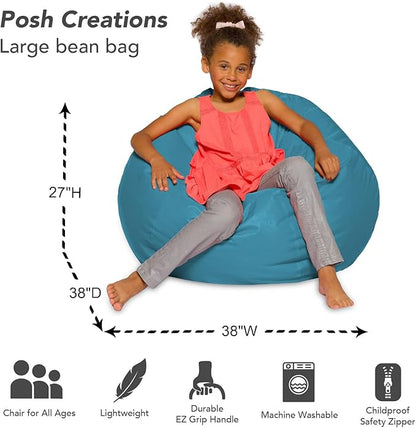 Posh Creations Bean Bag Chair for Kids, Teens, and Adults Includes Removable and Machine Washable Cover, Heather Teal, 38in - Large
