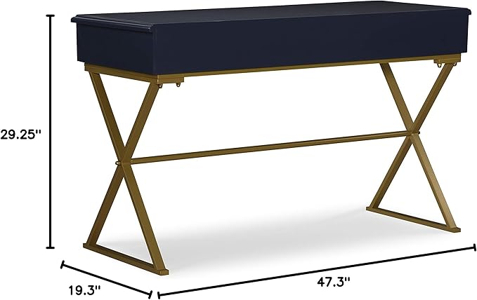 Linon Campaign Desk Navy with Gold Legs, Blue