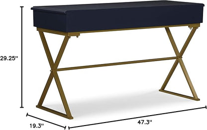 Linon Campaign Desk Navy with Gold Legs, Blue