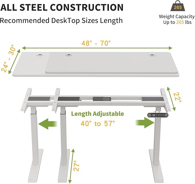 Radlove Dual Motor Height Adjustable Standing Desk Frame, Adjustable Desk Legs for 48'' to 70'' Desk Tops, Home Office Sit Stand Desk Base, Heavy Duty 265 lb Load Capacity for Home Office