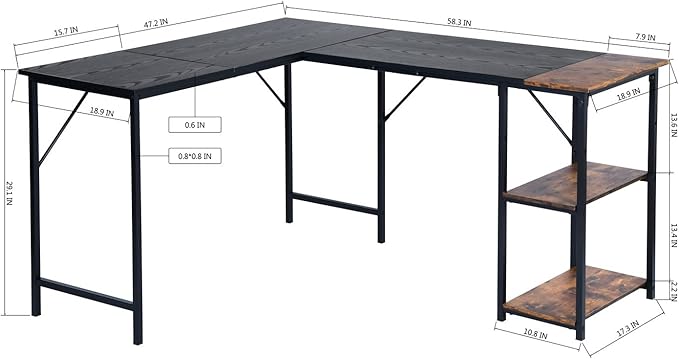 FurnitureR L-Shaped 58.3'' Corner Computer Desk with Storage Shelf Long Gaming Desk for Home Office PC Workstation Saving Space Laptop Table, Black and Brown