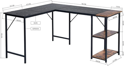 FurnitureR L-Shaped 58.3'' Corner Computer Desk with Storage Shelf Long Gaming Desk for Home Office PC Workstation Saving Space Laptop Table, Black and Brown