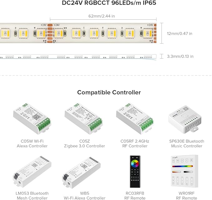 BTF-LIGHTING RGBCCT 5 Colors in 1 LED Tape Lights 5050SMD RGBWW RGB+Dimmable Color Temperature 2700K-6500K 16.4ft 96LED/m 480LED IP65 DC24V White PCB for Home Decoration(No Adapter or Controller)