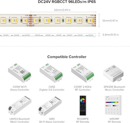 BTF-LIGHTING RGBCCT 5 Colors in 1 LED Tape Lights 5050SMD RGBWW RGB+Dimmable Color Temperature 2700K-6500K 16.4ft 96LED/m 480LED IP65 DC24V White PCB for Home Decoration(No Adapter or Controller)