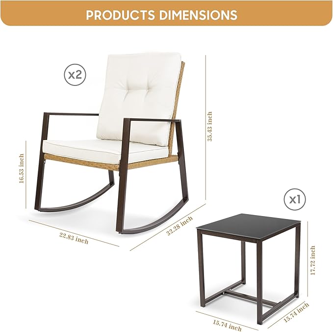 YIYAN 3 Pieces Patio Bistro Set Outdoor Rattan Wicker Rocking Chairs Set,Patio Outdoor Furniture Conversation Sets with Sofa Chairs,Glass Coffee Table and Washable cushion (Light Beige)