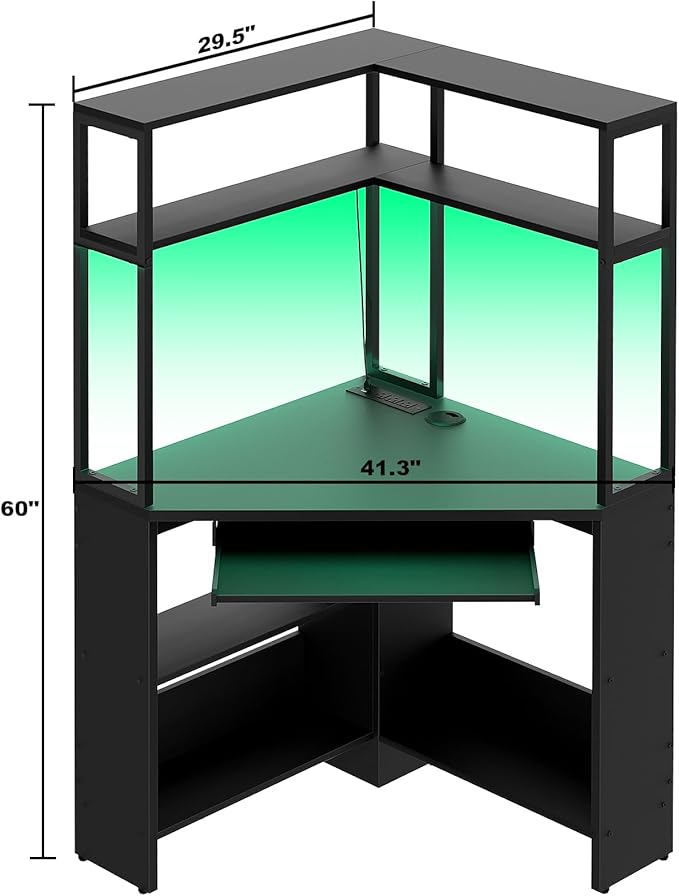 Cyclysio Small Corner Desk with Hutch, Heavy Duty Corner Computer Desk with Power Outlets & LED Light, Triangle Corner Gaming Desk with Keyboard Tray for Home Office, Small Space, Workstation Black