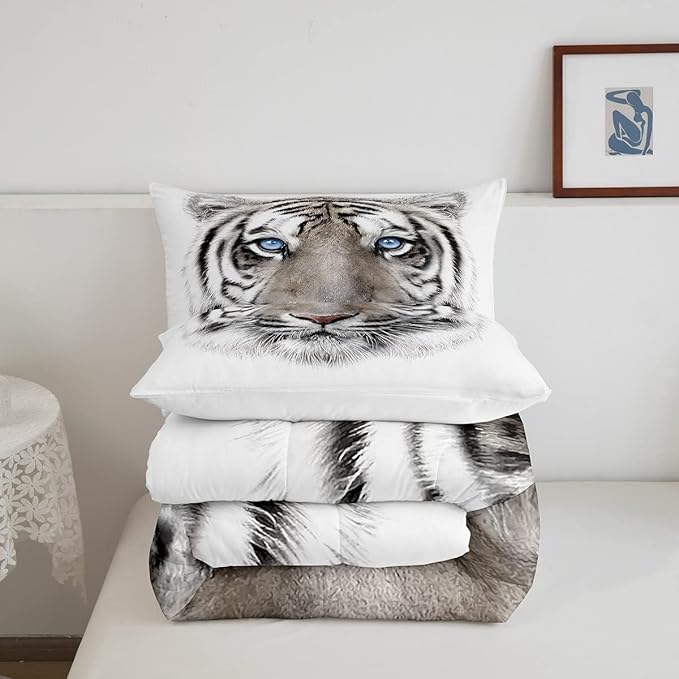 Erosebridal Boys Tiger Comforter Set Twin Size, Wild Animal Print Down Comforter for Boys Girls Teens Adult Bedroom, Grey Tiger Skin Duvet Insert Black White Stripe Bedding Comforters for Bedroom