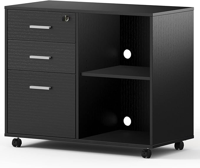 Maxtown Wood Filing Cabinet, Mobile Lateral Filing Cabinet with Lock, 3 Drawer Filing Cabinet with Open Storage Shelves, Printer Stand with Storage, Oak Grain