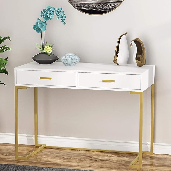Tribesigns 40 Inch Computer Desk, White and Gold Desk with 2 Drawers, Modern Simple Home Office Desk, Gold Writing Desk Study Table for Bedroom, Modern Makeup Vanity Desk for Small Spaces