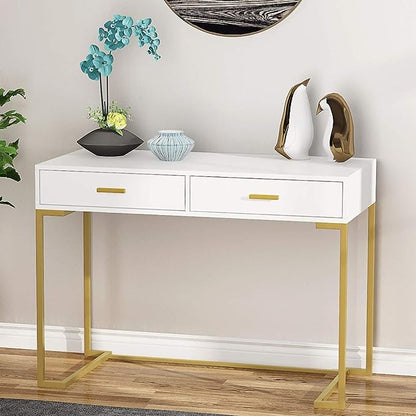 Tribesigns 40 Inch Computer Desk, White and Gold Desk with 2 Drawers, Modern Simple Home Office Desk, Gold Writing Desk Study Table for Bedroom, Modern Makeup Vanity Desk for Small Spaces