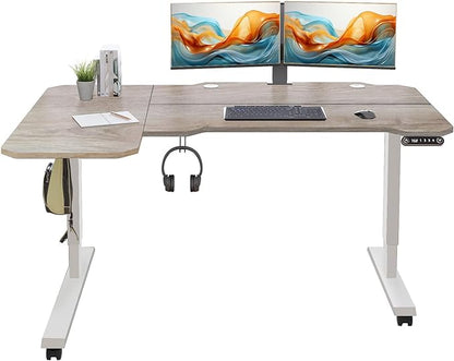 Adjustable Height L-Shaped Electric 59 Inch Sit-Stand Computer Desk with 3 Splice Boards, Lockable Casters-Ideal for Home Office, 59Inch, Oak