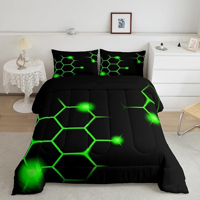Hexagonal Comforter Set Geometric Honeycomb Bedding Set for Kids Adults Neon Green Black Comforter Modern Hexagon Beehive Quilt Set Ultra Soft Room Decor King Size Bedroom Collection 3Pcs