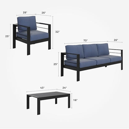 Solaste Aluminum Patio Furniture Set, 4 Pcs Modern Outdoor Conversation Set Sectional Sofa with Upgrade Cushion and Coffee Table,Black Frame and Blue Cushion