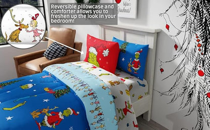 Franco Grinch by Dr. Seuss Holiday & Christmas Bedding Soft Comforter and Sheet Set with Sham, 5 Piece Twin Size, (Official Dr. Seuss Product)