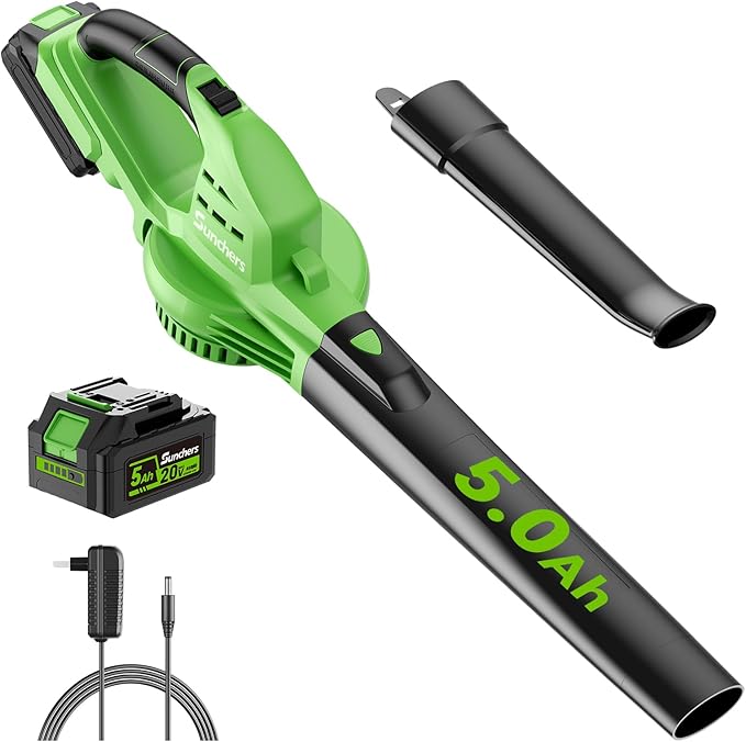 Leaf Blower Cordless with 5.0Ah Battery and Charger, 135MPH 170CFM High Speed Leaf Blower with 2 Tube, 20V Electric Leaf Cleaner, Lightweight Handheld Small Blower for Car, Garden, House, Depot, Green