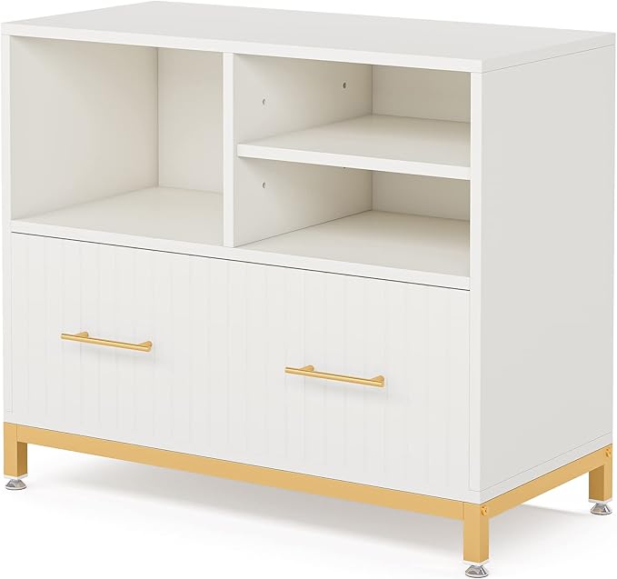 White Lateral File Cabinet with Drawer, 35.4" Modern Filing Cabinet with Adjustable Hanging Rod for Legal/Letter/A4 Size Files, Wood Printer Stand with Open Storage Spaces for Home Office
