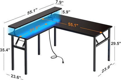 DlandHome Reversible L-Shaped Desk with Monitor Stand,LED Lighting Computer Desk with Power Outlets,Home Office Table Computer Workstation, Black