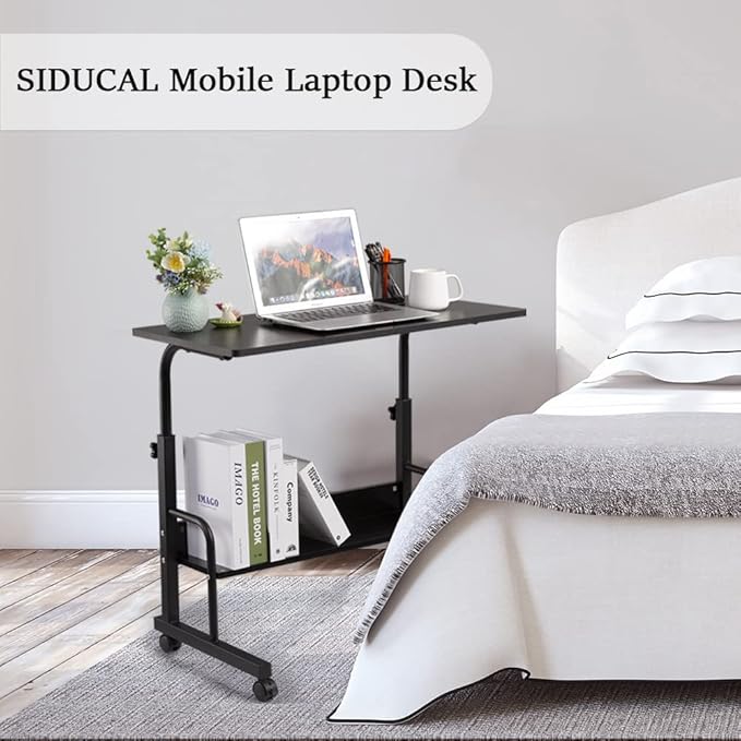 SIDUCAL Computer Cart, Portable Laptop Desk Laptop Cart, Portable Desk with Wheels, Rolling Desk Adjustable Height, Rolling Laptop Stand, Rolling TV Tray, Couch Desk Bed Desk for Laptop, 31.5'' Black