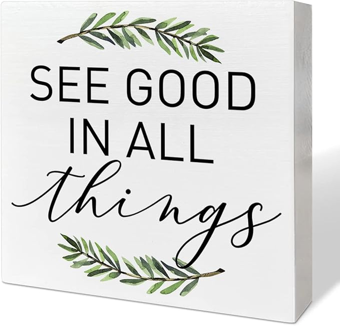 Home Office Desk Wooden Box Sign Decor, See Good in All Things, Inspirational Quotes Desk Decor Motivational Desk Decorations for Women Men Student Office Classroom School