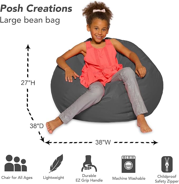 Posh Creations Bean Bag Chair for Kids, Teens, and Adults Includes Removable and Machine Washable Cover, Heather Gray, 38in - Large
