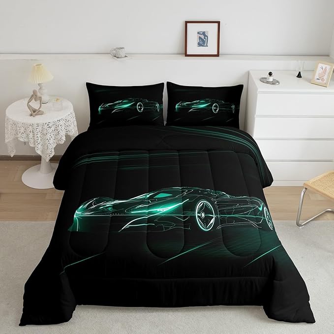 Feelyou Teal Race Car Bedding Set Twin Size for Kids Boys Extreme Sport Games Comforter Set Teens Toddler Fast and Furious Duvet Set Cool Modern Quilt Set 2Pcs