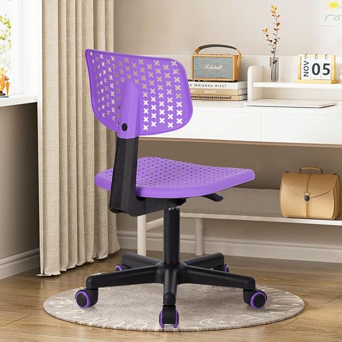 Desk Chair Armless Cute Office Chair, Low Back Rolling Home Office Task Chair Adjustable Swivel Study Chair for Girls Teens Adults Children Kids, Purple