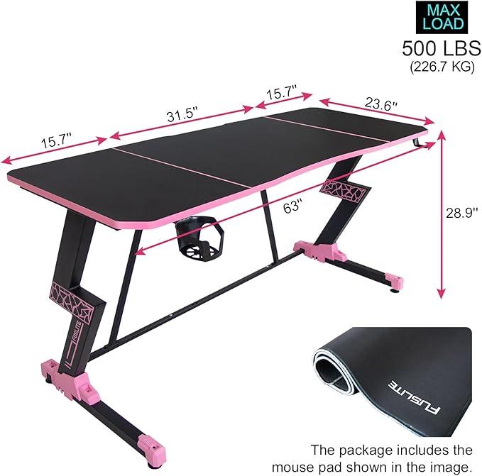 63 Inch Gaming Desk, with Carbon Fiber Surface, Lightning-Shaped PC Computer Table, with Headphone Holder, Cup Holder, Cable Management Box, Gaming Table for Gamer, Black&Pink