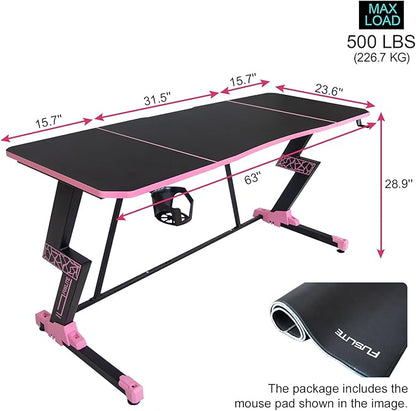 63 Inch Gaming Desk, with Carbon Fiber Surface, Lightning-Shaped PC Computer Table, with Headphone Holder, Cup Holder, Cable Management Box, Gaming Table for Gamer, Black&Pink