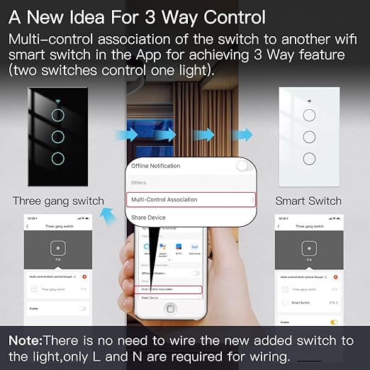 MOES 2.4GHz WiFi Wall Touch Smart Switch Neutral Wire Required, 3 Way Multi-Control, Glass Panel Light Switch Work with Smart Life/Tuya App, RF433 Remote Control, Alexa and Google Home Black 3 Gang