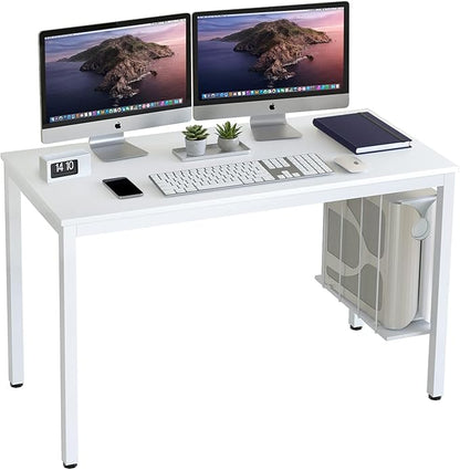 White Computer Desk 47" Writing Desk Study Table with CPU Storage Shelf for Home Office, Workstation, Office, Gaming Room- Sturdy Stable White Metal Frame
