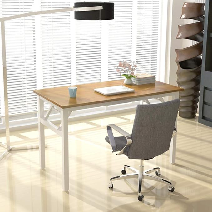SDHYL 47 inchesNo Assembly Foldable Computer Desk for Home Office Workstation, Study and Writing, Teak Board and White Leg