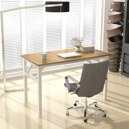 SDHYL 47 inchesNo Assembly Foldable Computer Desk for Home Office Workstation, Study and Writing, Teak Board and White Leg