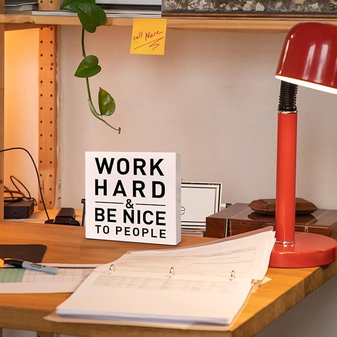 Home Office Desk Wooden Box Sign Decor, Work Hard & Be Nice to People, Inspirational Quotes Desk Decor Motivational Desk Decorations for Women Men Student Office Classroom School