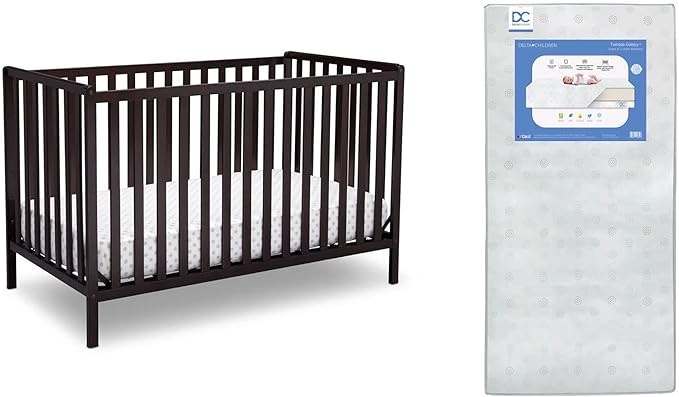 Delta Children Heartland 4-in-1 Convertible Crib, Dark Chocolate + Delta Children Twinkle Galaxy Dual Sided Recycled Fiber Core Crib and Toddler Mattress (Bundle)