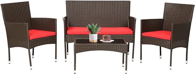 FDW 4 Pieces Wicker Patio Conversation Set Patio Furniture Set with Rattan Chair Loveseats Coffee Table for Outdoor Indoor Garden Backyard Porch Poolside Balcony,Brown Wicker/Red Cushions