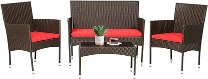 FDW 4 Pieces Wicker Patio Conversation Set Patio Furniture Set with Rattan Chair Loveseats Coffee Table for Outdoor Indoor Garden Backyard Porch Poolside Balcony,Brown Wicker/Red Cushions