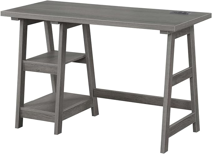 Convenience Concepts Designs2Go Trestle Desk with Charging Station and Shelves, Charcoal Gray