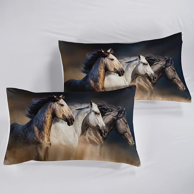 Horse Comforter Full Size,Galloping Horse Comforter Set for Kids Teens Girls Boys,3Pcs Bedding Set Printed Comforter with 2 Pillowcases,Soft and Lightweight，Full Size
