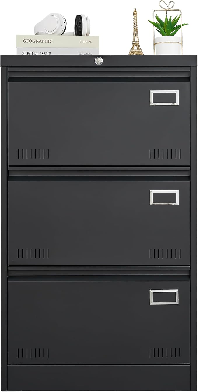 3 Drawer Lateral Lock and Card Holder, Multifunctional Metal Filing Cabinets w/Heavy 3 Section Slide Rail & Breathable Holes,for Legal/Letter/A4,Black