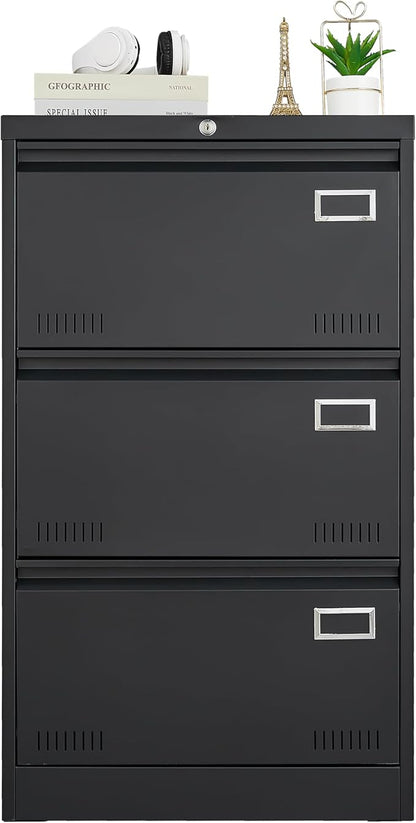 3 Drawer Lateral Lock and Card Holder, Multifunctional Metal Filing Cabinets w/Heavy 3 Section Slide Rail & Breathable Holes,for Legal/Letter/A4,Black
