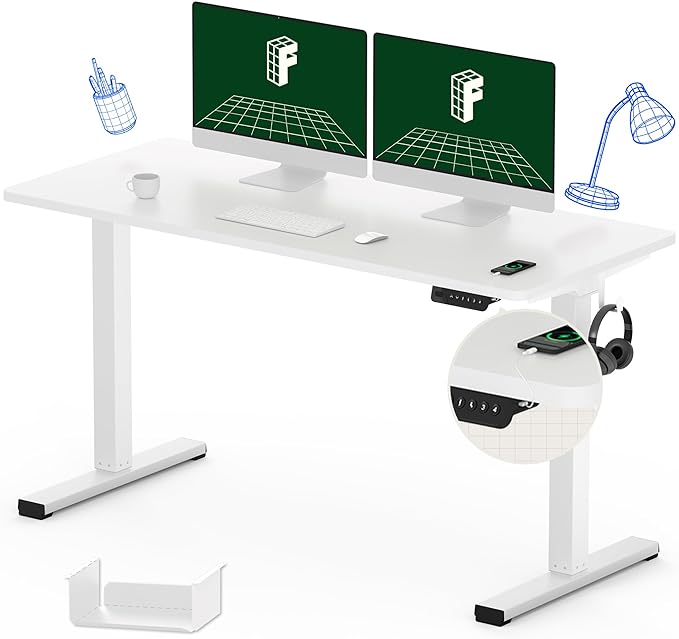 FLEXISPOT Electric Stand Up/ Standing Desk with 55 x 24 Splice Ergonomic Memory Controller Height Adjustable E150 (White Frame + 55" White Desktop)