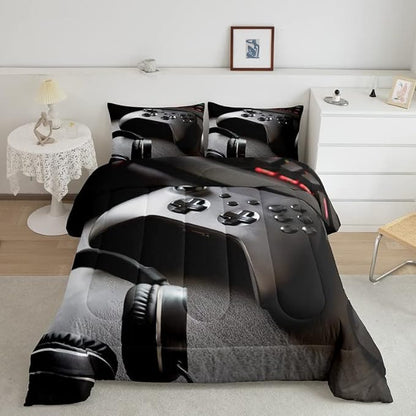 Gaming Bedding Set Boys Game Controller Comforter for Kids Girls Teens Modern Gamer Headset Comforter Set Youth Gaming Console Video Game Decor Duvet Set with 2 Pillow Case Full Size Black