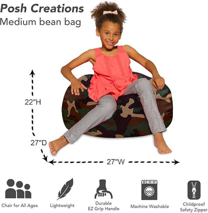 Posh Creations Bean Bag Chair for Kids, Teens, and Adults Includes Removable and Machine Washable Cover, Soft Nylon - Camo Green, 27in - Medium