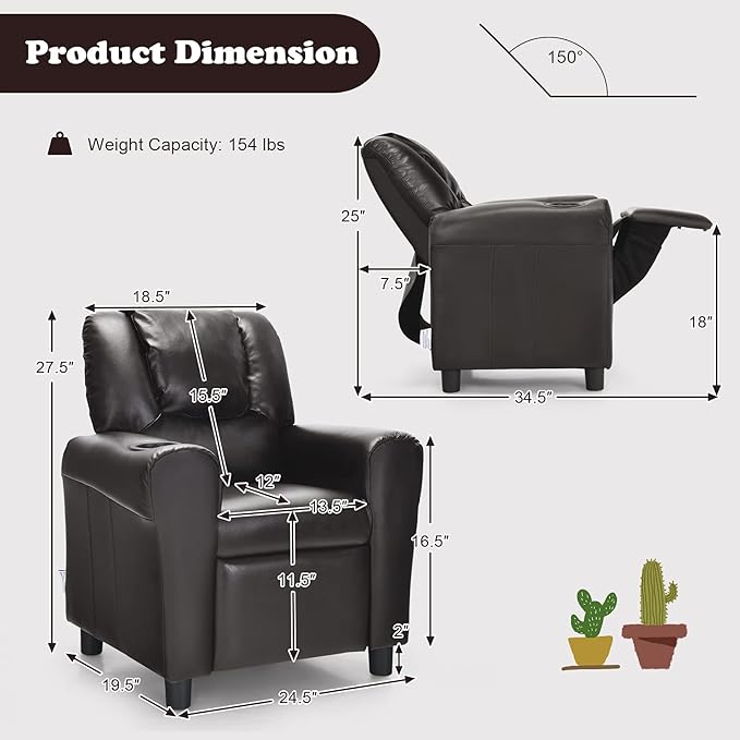 ARLIME Kids Recliner chair, toddler Armchair Upholstered Couch with Cup Holder, Backrest, baby Leather sofa with Headrest and Footrest, Child Furniture for Ages 2-7