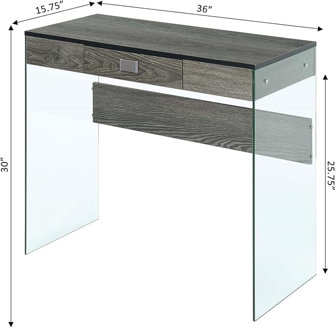 Convenience Concepts SoHo 1 Drawer Glass 36 inch Desk, Weathered Gray/Glass
